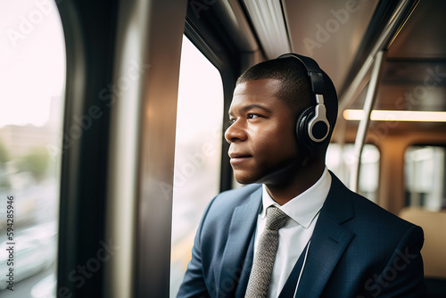 A fictional person. Confident businessman commuting to work on a train © Dangubic