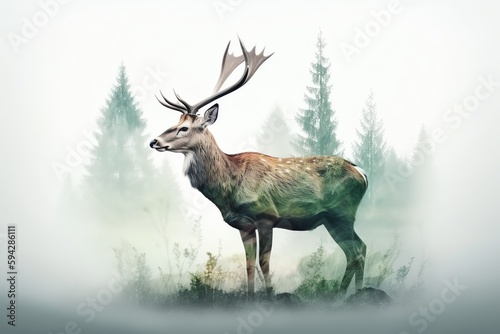 Deer and green forest double exposure. Christmas holiday. Generative AI