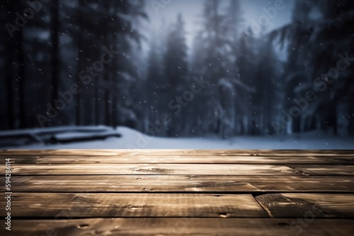 Empty Wooden Table With Snow Background. Christmas Eve. Generative AI © Pixel Matrix