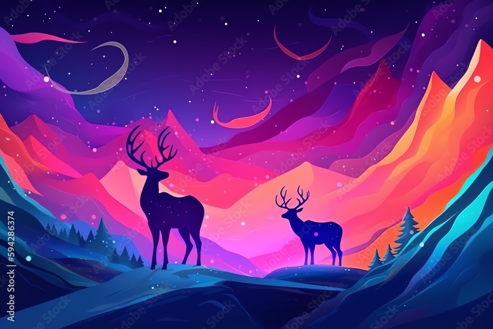 Wild Christmas reindeer under a starry neon sky in the mountains. Winter night illustration. Christmas holiday. Generative AI