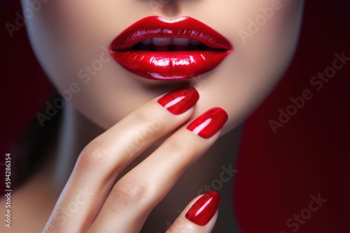 Woman face with red lipstick and Long Nails with red glossy polish manicure on dark background