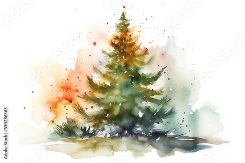 Watercolor Christmas Tree On White Background. Christmas Eve. Generative AI