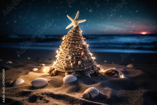 Seashell And Starfish Christmas Tree On Beach At Night. Christmas Eve. Generative AI