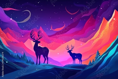 Wild Christmas reindeer under a starry neon sky in the mountains. Winter night illustration. Christmas holiday. Generative AI