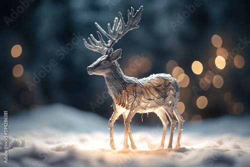 Winter scene with a magical reindeer covered in shimmering lights. Christmas holiday. Generative AI