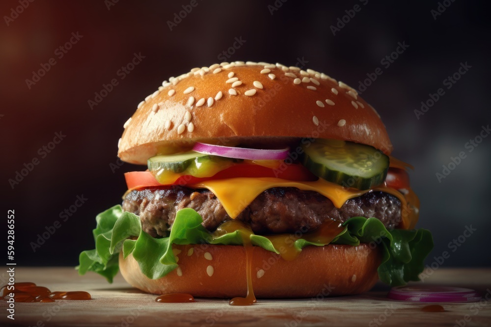 Beef burger with meat pattie, tomato, cucumber, cheese, red onion, lettuce on bun with sesame seeds Beef burger with meat pattie, tomato, cucumber, cheese, red onion, lettuce on bun with sesame seeds