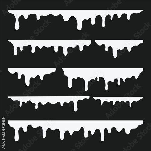 White melting drips paint collection. melt drips paint abstract liquid vector elements. border and drips ink set