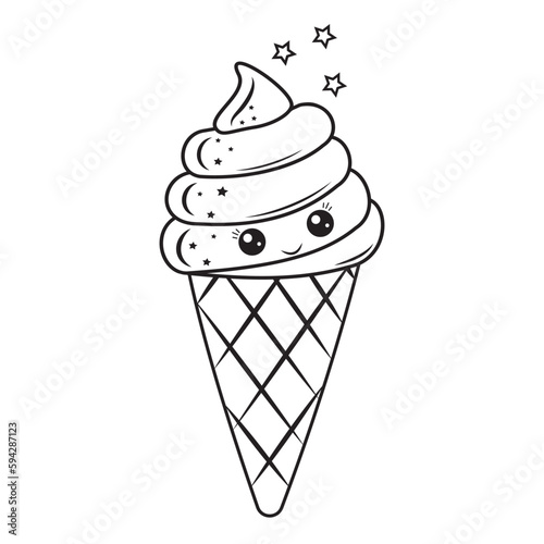 Ice cream dessert kawaii in a waffle cup, black outline, vector illustration in doodle style