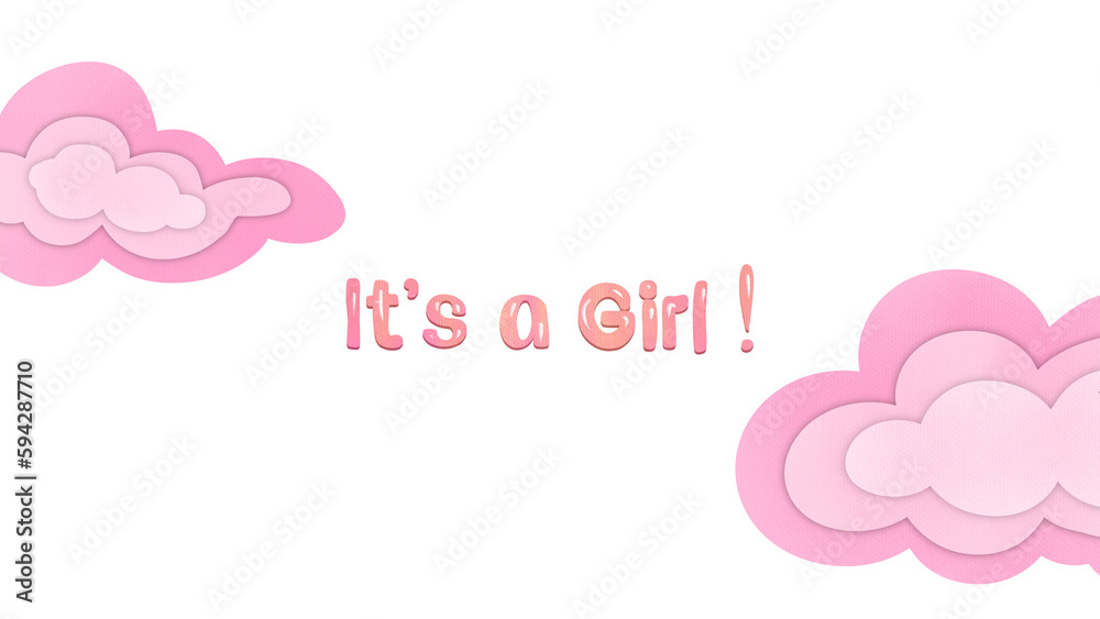 paper cut poster for Gender Reveals Party. Baby Shower celebration, greeting and invitation card on Pink background with flowers and lettering text. It's a girl!