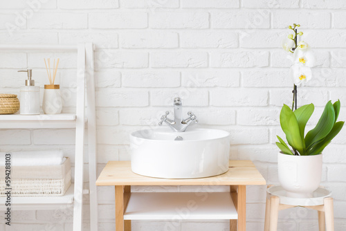 Green plant and shelf beside vessel sink in bathroom interior