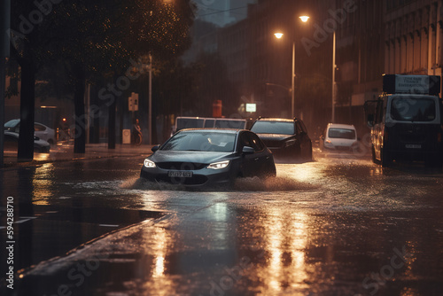 Flooded cars on the street of the city. Generative Ai