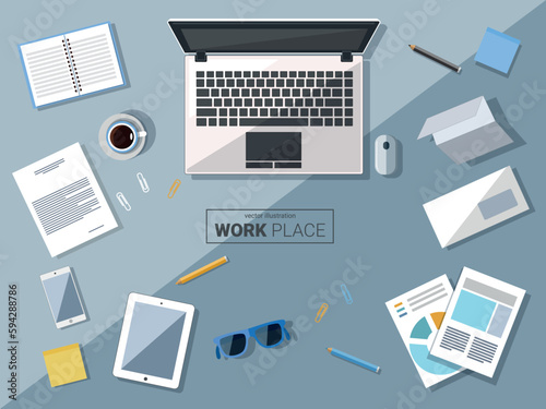 Top view workplace. Table, office supplies, monitor, books, notebook, phone, glasses, pencil, paper, coffee. Vector illustration