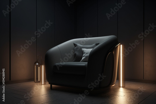 Ethereal minimalist armchair for living room, dark, high resolution rendering, contrast lighting, Generative AI 