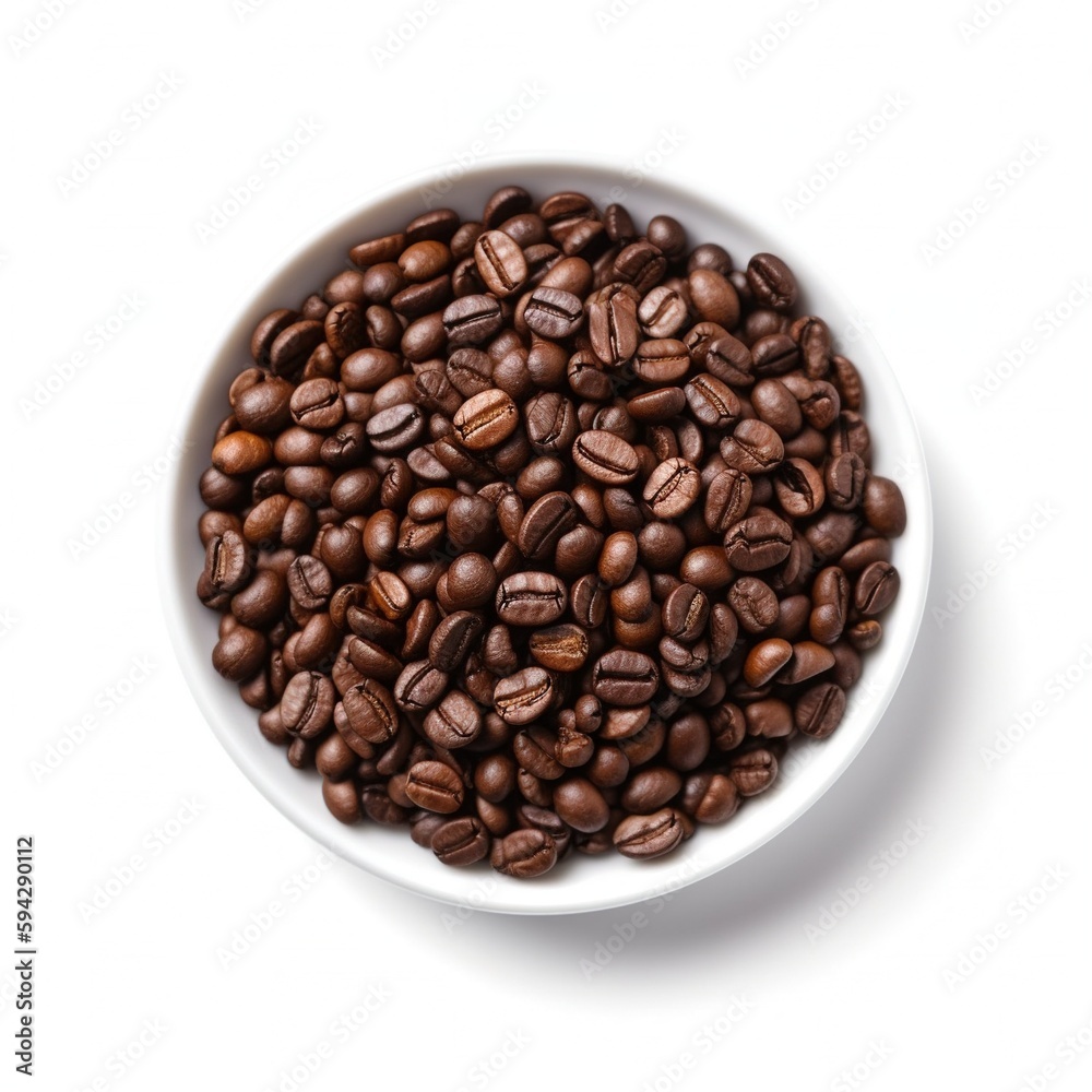 Roasted coffee beans dark on white bowl, isolated on white background. Top view. Ingredient, recipe, dessert, drink, coffee.