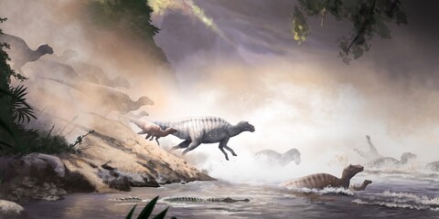 Poster Dinosaurus Maiasaura kudde steekt rivier over  © Ruben