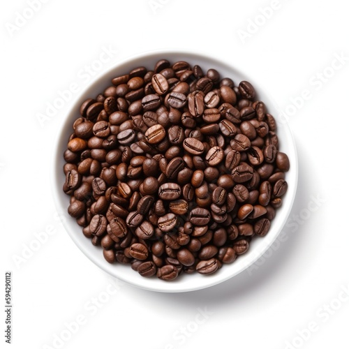 Roasted coffee beans dark on white bowl  isolated on white background. Top view. Ingredient  recipe  dessert  drink  coffee.
