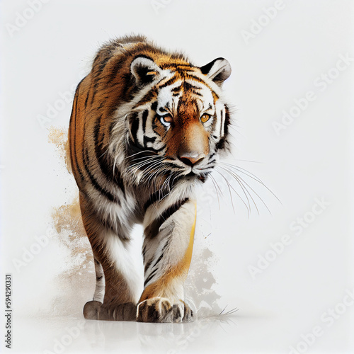 a resting tiger looking directly at the camera with a calm expression on white
