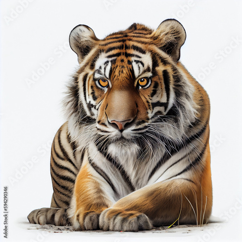 tiger walking with a focused gaze and stripes clearly visible on white background