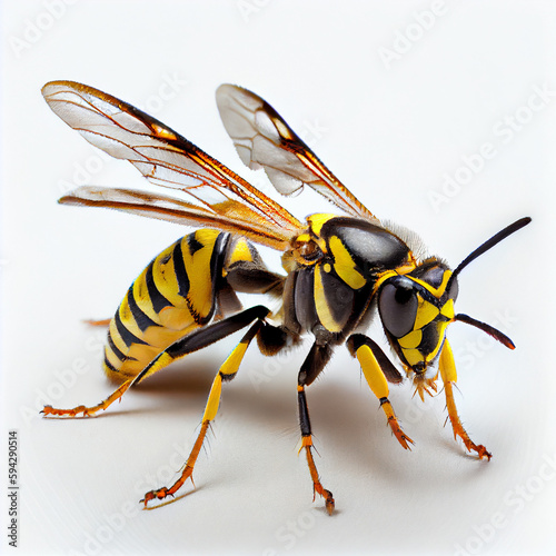 detailed image of a flying wasp with wings spread on white background © Damian