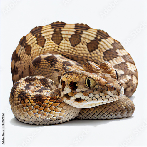 dangerous rattlesnake coiled and ready to strike on a plain white backdrop