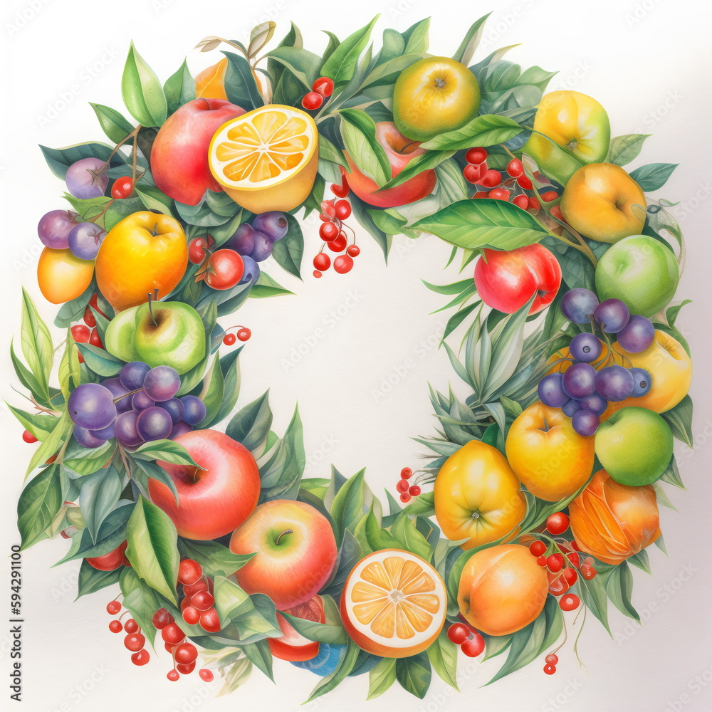 watercolor wreath frame made of fruit with copy space isolated on white background, made with generative ai watercolor wreath frame made of fruit with copy space isolated on white background, made with generative ai