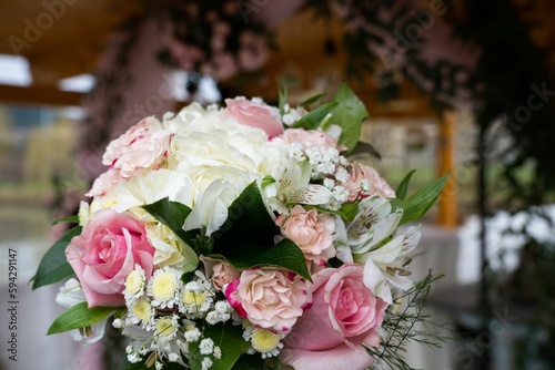 Decorated colorful bouquet flowers with gray background