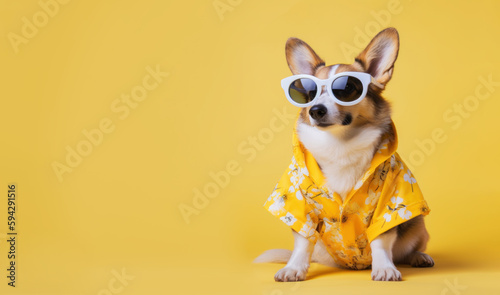 Summer corgi dog wearing yellow sunglasses and neckerchief, looking at blank empty copy space, over yellow background. AI generative