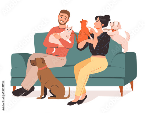 Pet owners. A young couple is sitting on the couch with their pets. Cats and dogs on the couch. Flat vector illustration.

