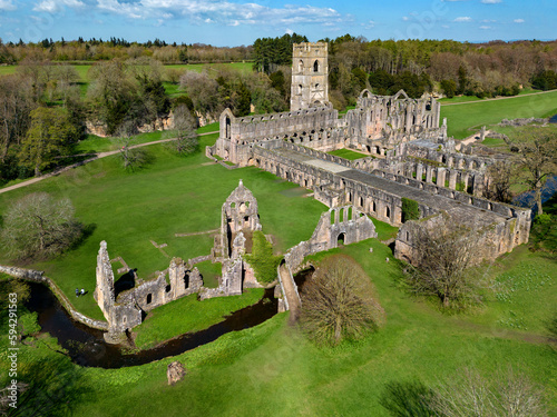 Aerial view of Fountains Abbey near Ripon in North Yorkshire in the northeast of England