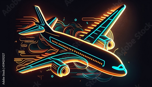 Airplane Creative Illustration. High Qulaity Resolution, Neon Colours, Creative Ad, 8K, Aeroplane flying over the city, Travel, Aviation ad. photo