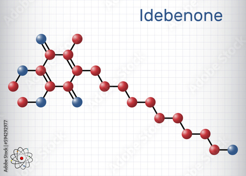 Idebenone molecule. It is antioxidant, synthetic analog of coenzyme Q10, used for Alzheimer disease. Structural chemical formula, molecule model. Sheet of paper in a cage.