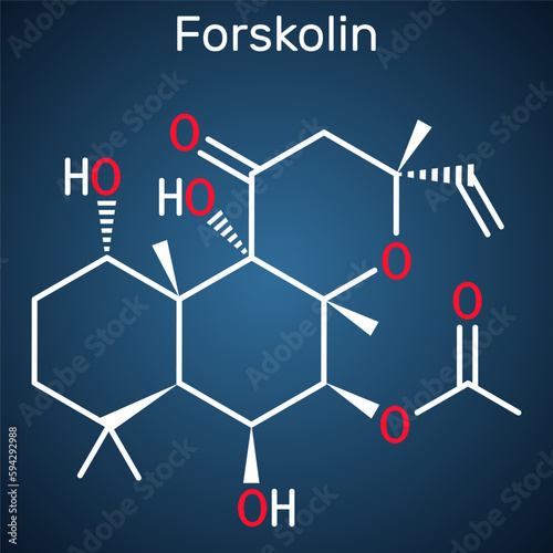 Forskolin, coleonol molecule. It is anti-HIV agent, labdane diterpene, is found in the Indian Coleus plant. Structural chemical formula on the dark blue background. photo