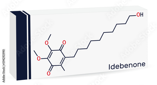 Idebenone molecule. It is antioxidant, ferroptosis inhibitor, synthetic analog of coenzyme Q10, used for Alzheimer disease. Skeletal chemical formula. Paper packaging for drug