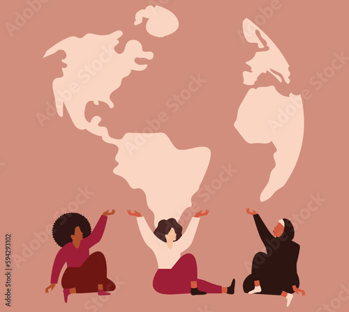 Group of women of different ethnicity protect earth. Strong females hold the planet and support sustainable lifestyle. Save the planet, ecology awareness, earth day or women empowerment concept.