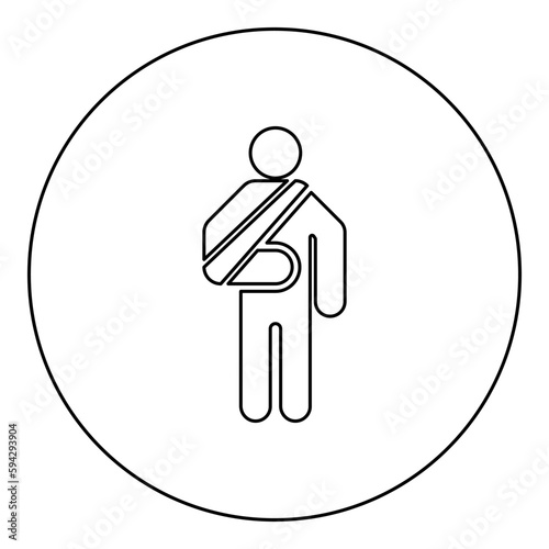 Man with broken arm hand gypsum injured stick using sticks person trauma concept elastic bandage on human immobilize support bone sling cast fracture trauma icon in circle round black color vector 