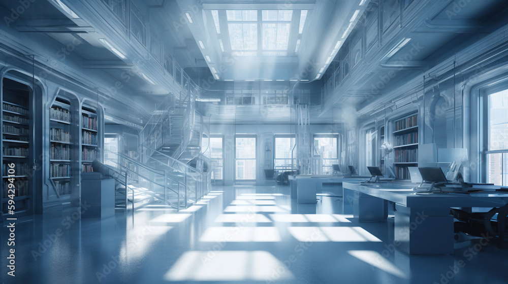 A library with blue and white colour. Generative AI. A library with blue and white colour. Generative AI.