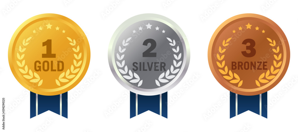 Gold, silver and bronze medals. Realistic metallic round badges with blue ribbon, winner prize isolated on white background stock vector eps10 Gold, silver and bronze medals. Realistic metallic round badges with blue ribbon, winner prize isolated on white background stock vector eps10