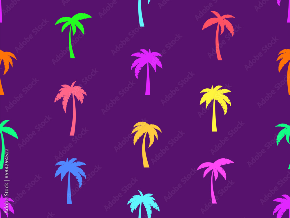 Palm trees seamless pattern. Summer time, tropical pattern with colorful palm trees on violet background. Design for printing t-shirts, banners and promotional items. Vector illustration