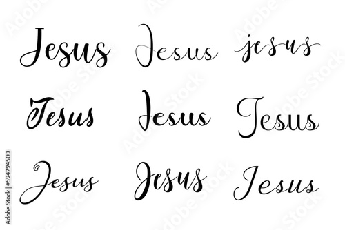 Set of texts with the name Jesus in different typographic fonts; beautiful calligraphy of the word Jesus