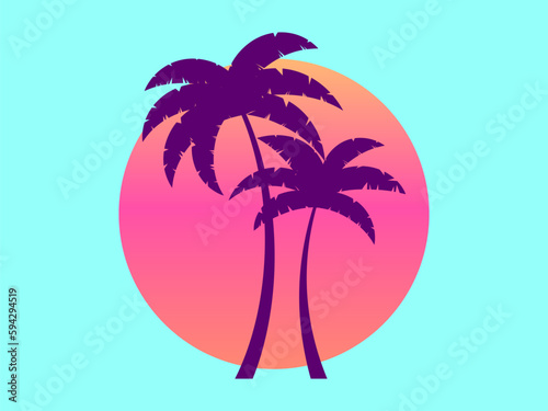 Two palm trees against a gradient sun in the style of the 80s. Summer time. Synthwave and retrowave style. Design for advertising brochures, banners, posters, travel agencies. Vector illustration