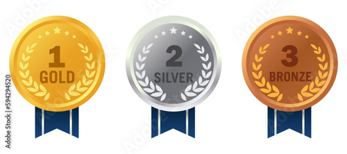 Gold, silver and bronze medals. Realistic metallic round badges with blue ribbon, winner prize isolated on white background stock vector eps10