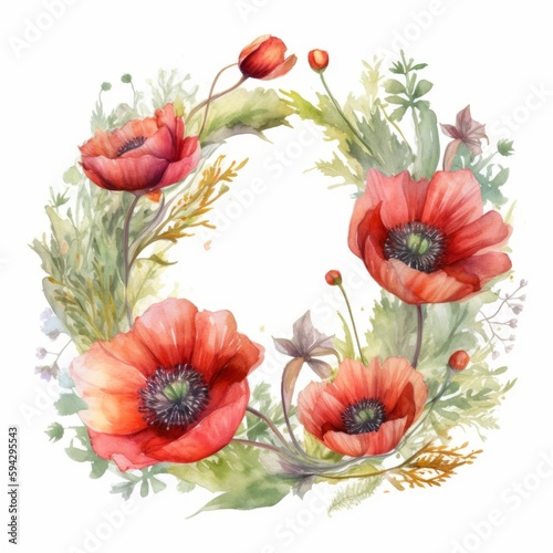 Watercolor wreath with poppies. AI generative