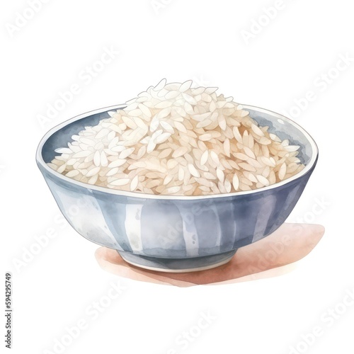 Watercolor illustration of a plate of rice on white background. Generative AI.