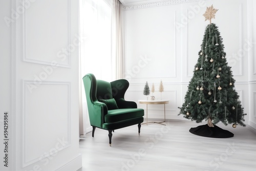 Christmas Tree And Green Chair On White Background. Christmas Eve. Generative AI