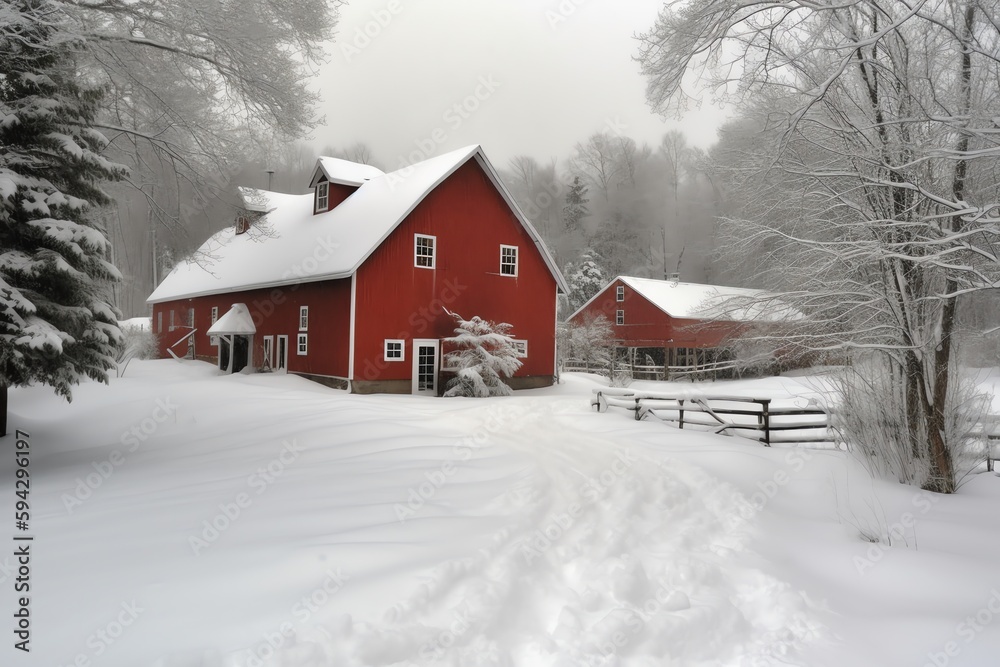Red Barn In The Snow. Christmas Eve. Generative AI Red Barn In The Snow. Christmas Eve. Generative AI