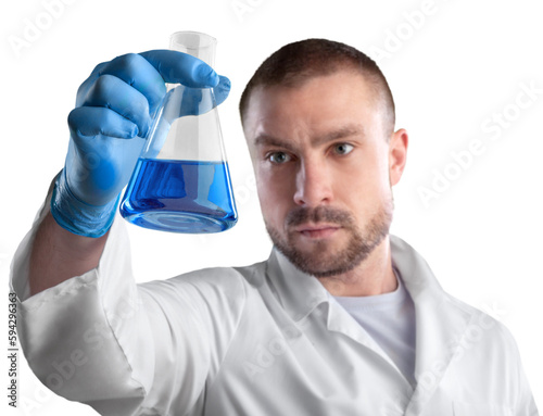 Scientist man with liquid in researcher test tube