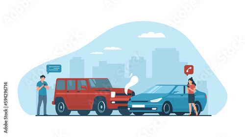 Concept of an insured event with a car. Two cars collided. Drivers man and woman call the insurance company. Vector illustration.