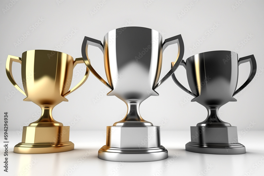 Top 3 spots winners trophies gold, silver and bronze in white background. Created with Generative AI technology. Top 3 spots winners trophies gold, silver and bronze in white background. Created with Generative AI technology.