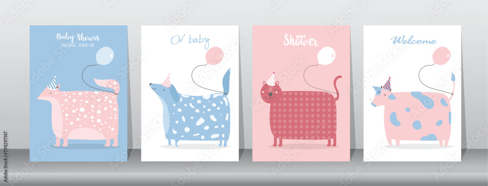 Set of happy birthday, holiday, baby shower celebration greeting and invitation card.Cute animals design with hot air balloon.Vector illustrations. Set of happy birthday, holiday, baby shower celebration greeting and invitation card.Cute animals design with hot air balloon.Vector illustrations.