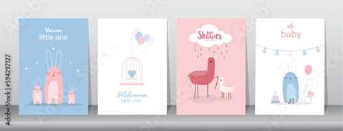 Set of happy birthday, holiday, baby shower celebration greeting and invitation card.Cute animals design.Vector illustrations.
